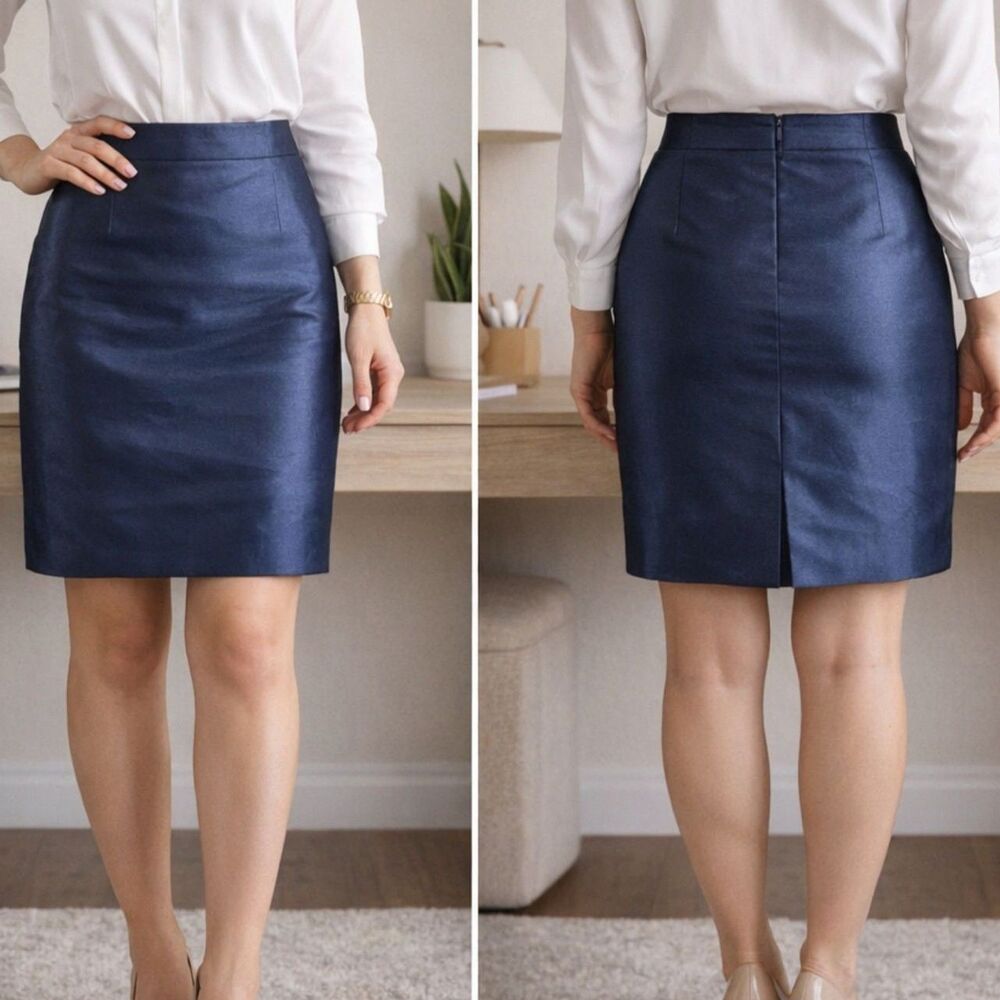 Dark Blue Satin Pencil Skirt Size 12 Wool Silk Blend Lined
